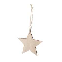 A wooden star decoration in a light colour, featuring a twine loop and a white bead.