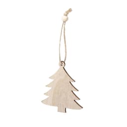 A wooden Christmas tree decoration in natural tone, featuring a jute string for hanging.