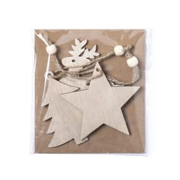 A set of wooden Christmas decorations including a reindeer, a tree, and a star, packaged with twine and beads.