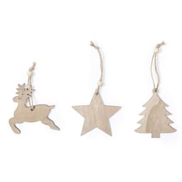 A set of wooden Christmas ornaments featuring a reindeer, a star, and a tree, all in a natural wood finish.