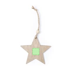 A wooden star ornament with a natural finish and a jute string for hanging, featuring a green square area.