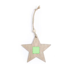 A wooden star ornament in light wood colour, featuring a blank green area and a twine loop for hanging.