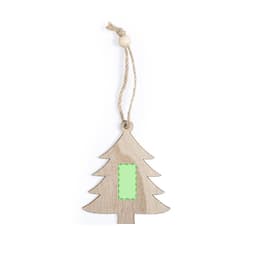 A wooden Christmas tree ornament with a jute twine loop and a blank rectangular space for personalisation.