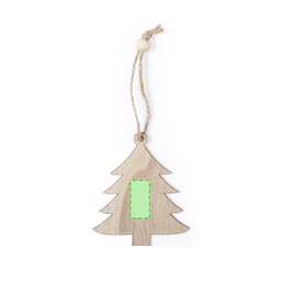 A wooden Christmas tree decoration in a natural finish, featuring a string for hanging and a blank centre for customization.