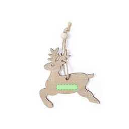 A wooden reindeer ornament with a rope hanger, featuring a blank space for personalisation.