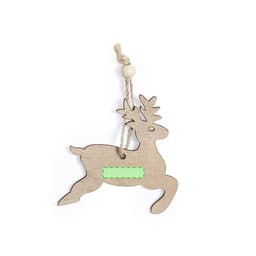 A wooden reindeer decoration with a jute string and a wooden bead, featuring a running pose and natural finish.