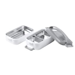 A thermal lunch box in white with a grey lid, featuring two separate stainless steel compartments.