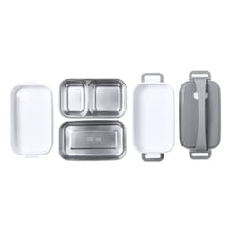 A set of lunch boxes featuring stainless steel and white plastic components, with grey accents and a logo.
