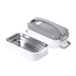 A dual-compartment thermal lunch box in white and grey, featuring a removable stainless steel container and a handle.