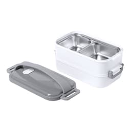 A white thermal lunch box with a grey lid, featuring two stainless steel compartments and handles.