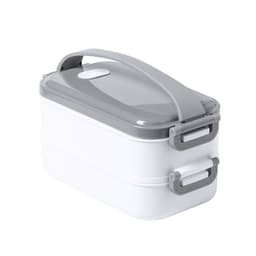 A grey and white thermal lunch box with a handle and secure clips. It features a smooth, glossy finish.