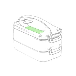 A thermal lunch box in grey with a handle and clips, featuring a smooth, rounded design and a logo.