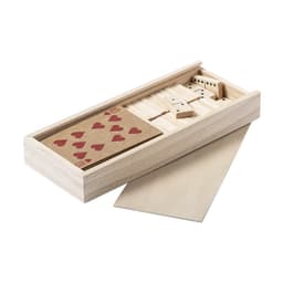 A wooden game set featuring cards and dominoes, neatly stored in a light-coloured wooden box.