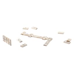 A set of ivory-coloured dominoes arranged in various positions, with some pieces scattered around the central layout.