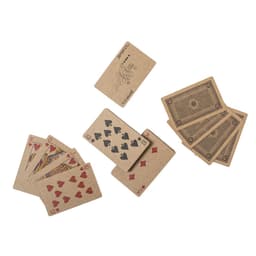 A set of playing cards featuring red hearts and diamonds, with a rustic brown design and an intricate back pattern.