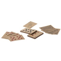 A set of playing cards in brown and red, featuring various suits and designs. The grouping includes multiple cards.