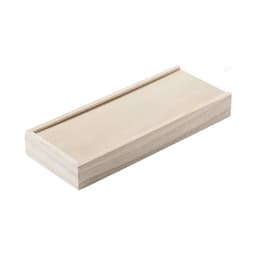 A wooden game set box in a natural finish, featuring a sleek rectangular design with a sliding lid.