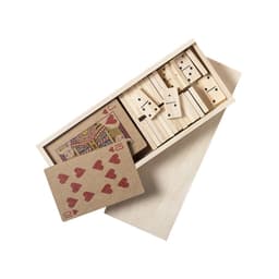 A wooden box contains playing cards and dominoes, featuring red, brown, and natural wood tones.
