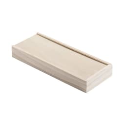 A wooden rectangular box with a smooth surface and no visible markings, featuring a sliding top.