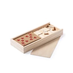 A wooden game box containing playing cards, dominoes, and wooden pieces in various shapes.