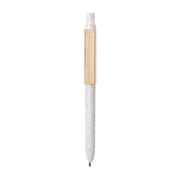 A wooden pen with a speckled white barrel and a natural wood clip, featuring a logo on the clip.