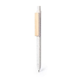 A wooden pen with a textured white barrel and a natural wood clip. It features a sleek design and minimal branding.