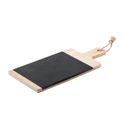A cutting board featuring a wooden handle and a black surface, with a rope attached for hanging.