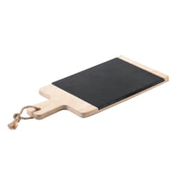 A wooden cutting board featuring a black surface and a handle with a rope detail.