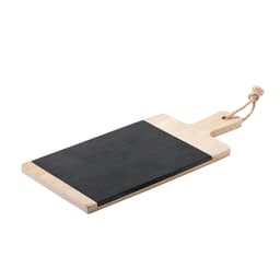 A rectangular chopping board with a black surface and a wooden handle, featuring a twine loop for hanging.