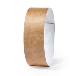 A gold, metallic wristband displaying a smooth surface and a glossy finish, featuring a logo on one side.