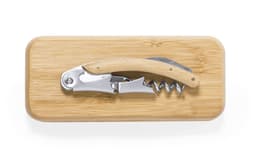 A drink bottle corkscrew opener with a stainless steel body and wooden handle, placed on a bamboo surface.