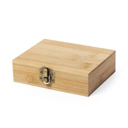 A bamboo storage box with a brass lock closure. It features a natural wood finish and a simple rectangular design.