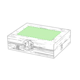 A wooden box with a green top section, featuring a metal clasp for closure. The design is simple and rustic.