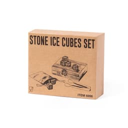 A cardboard box containing a set of stone ice cubes, featuring a wooden box, ice cubes, and tongs.