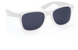 A pair of white sunglasses with dark lenses and a logo on the side. Ideal for leisure and outdoor activities.
