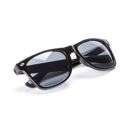 Black sunglasses with dark lenses, featuring a stylish, angular design and a logo.