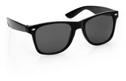 Black sunglasses with dark lenses, featuring a simple design and a logo on the side.