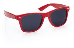 Red sunglasses with dark lenses, featuring a branded logo on the side. Ideal for leisure and outdoor activities.
