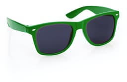 Green sunglasses with dark lenses and a sturdy design, featuring a logo on the frame.