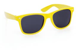 Yellow sunglasses with dark lenses, featuring a simple design and a logo on the arm. Perfect for leisure activities.