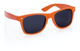 Orange sunglasses with dark lenses and a distinctive style, featuring a logo on the frame.