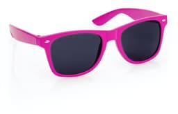 Fuchsia sunglasses with dark lenses and a stylish design, featuring a logo on the frame.