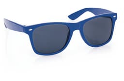 Blue sunglasses with dark lenses and a stylish design, featuring a branded logo on the frame.