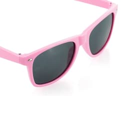 Pink sunglasses with dark lenses and a simple design, featuring a logo on the frame.