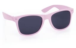 A pair of pink sunglasses with dark lenses and a sleek design, featuring a subtle logo.