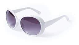 A pair of white sunglasses with dark lenses, featuring a sleek, oversized design and a logo on the arm.