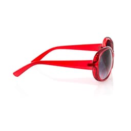Red sunglasses with a glossy finish and rounded frames, featuring dark lenses and sleek arms.