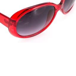 Red sunglasses with dark lenses and a glossy finish, featuring a stylish design and a logo on the frame.
