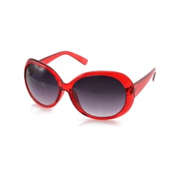 A pair of oversized sunglasses in red with gradient lenses and a stylish design. Features a logo on the side.