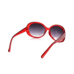 A pair of red sunglasses with gradient lenses and a stylish frame. The glasses have a logo on one arm.
